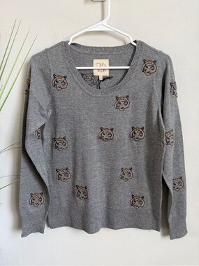 Chaser Tiger Embroidered Cashmere Blend Sweater XS NWT
